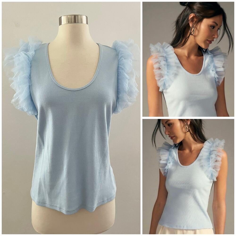 NEW Anthropologie Dolan Tulle Ruffle Sleeve Top Large Blue Ribbed Fairycore